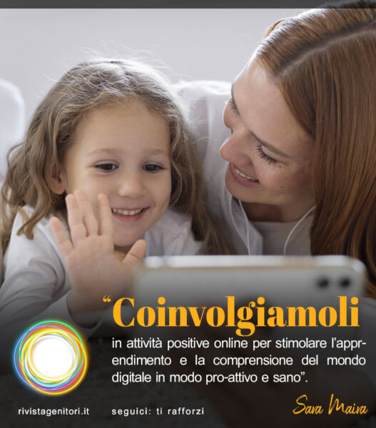 L'immagine rappresenta una mamma che spiega alla sua bambina come usare lo smartphone in maniera attenta e consapevole