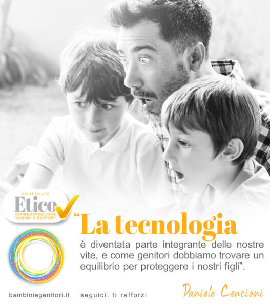 l'immagine rappresenta un papà con i suoi due figli che stanno guardando stupiti un contenuto sul computer