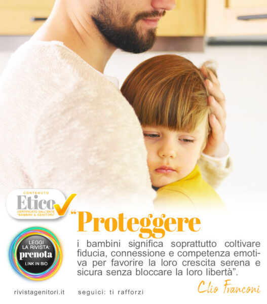 Genitore protegge figlio stringendolo al petto senza trattenerlo