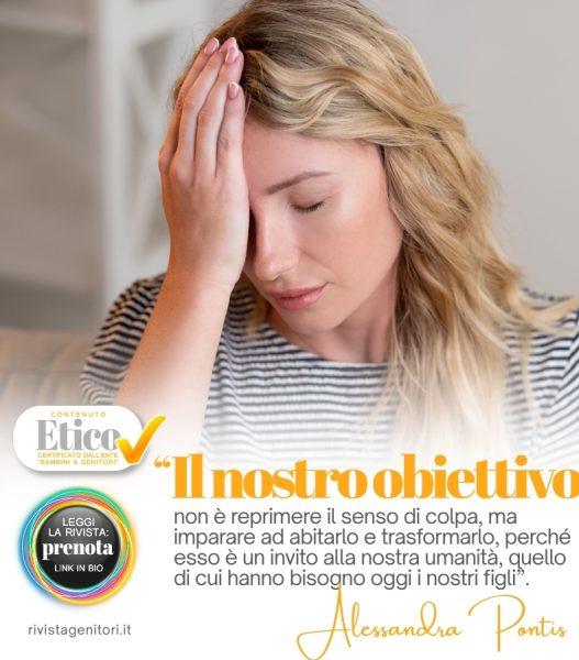 Genitore che abbraccia il proprio figlio con serenità superando il senso di colpa genitoriale e costruendo una relazione affettiva positiva.